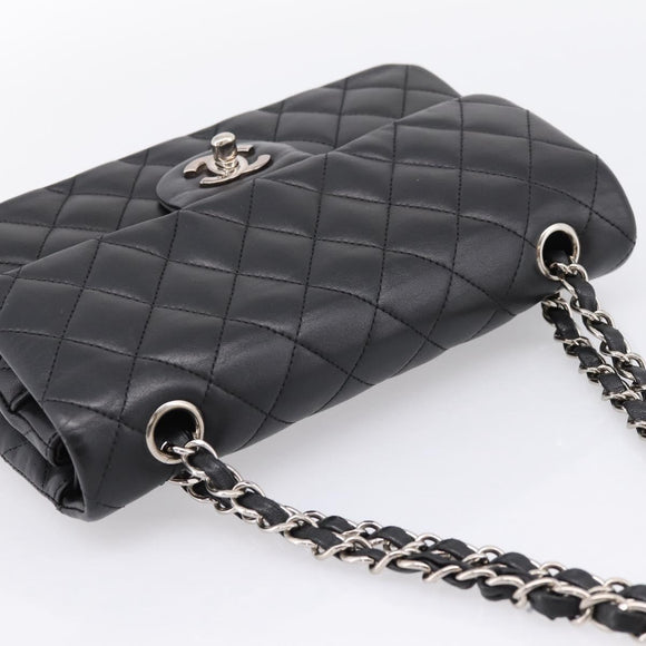 CHANEL Double Flap Chain Matelasse 23 Bag Lamb Skin Black Silver Auth yk20812SAM