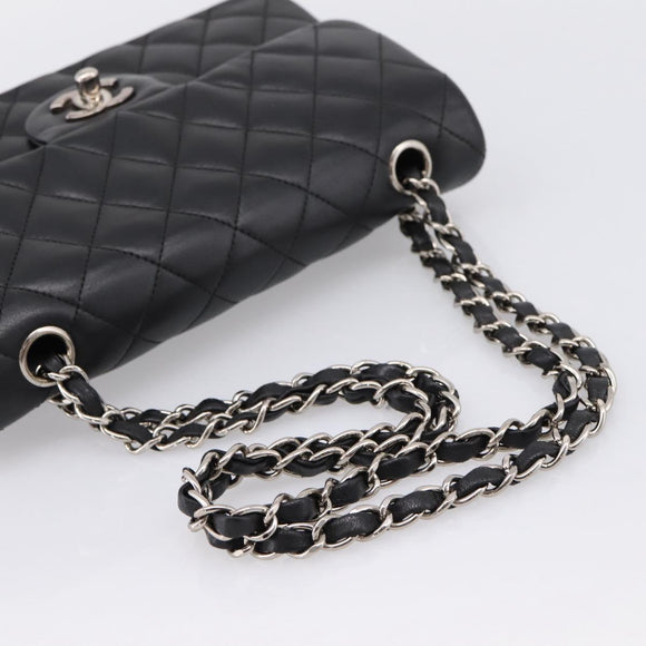 CHANEL Double Flap Chain Matelasse 23 Bag Lamb Skin Black Silver Auth yk20812SAM