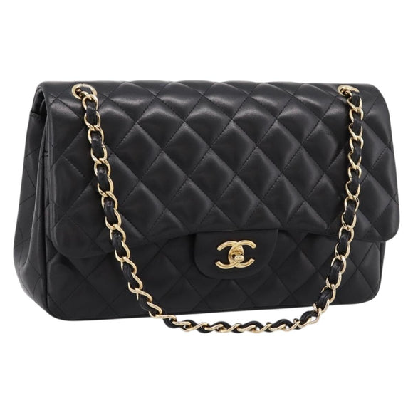 CHANEL Matelasse 30 Chain Double Flap Bag Lamb Skin Gold Black Auth yk20815SAM