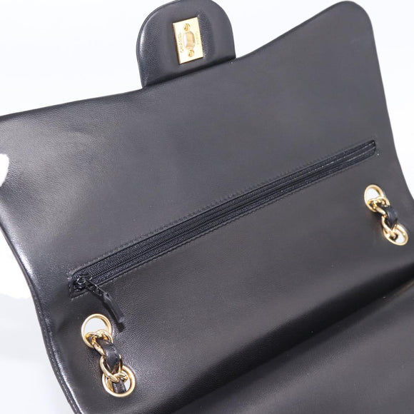 CHANEL Matelasse 30 Chain Double Flap Bag Lamb Skin Gold Black Auth yk20815SAM