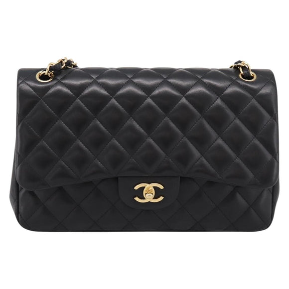 CHANEL Matelasse 30 Chain Double Flap Bag Lamb Skin Gold Black Auth yk20815SAM