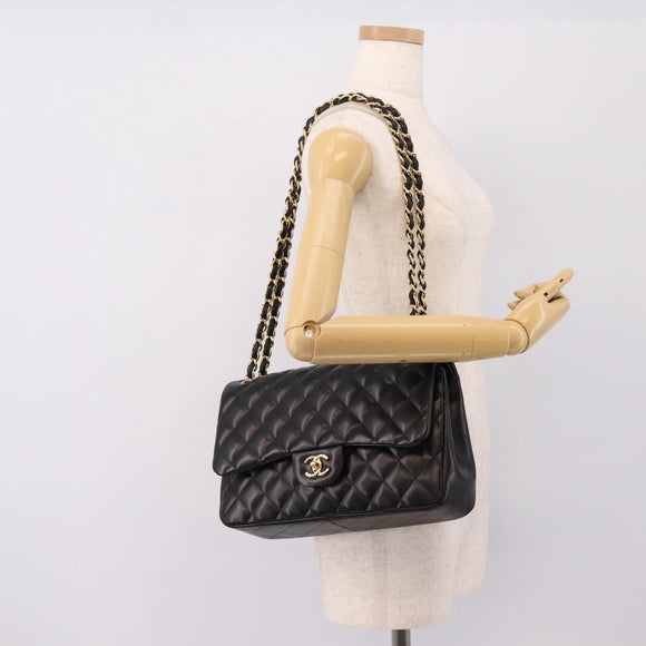 CHANEL Matelasse 30 Chain Double Flap Bag Lamb Skin Gold Black Auth yk20815SAM