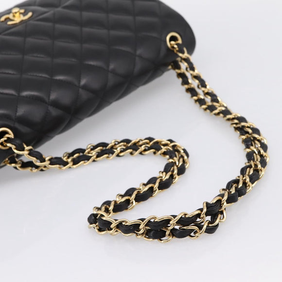 CHANEL Matelasse 30 Chain Double Flap Bag Lamb Skin Gold Black Auth yk20815SAM