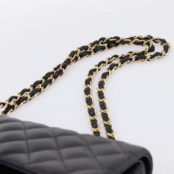 CHANEL Matelasse 30 Chain Double Flap Bag Lamb Skin Gold Black Auth yk20815SAM