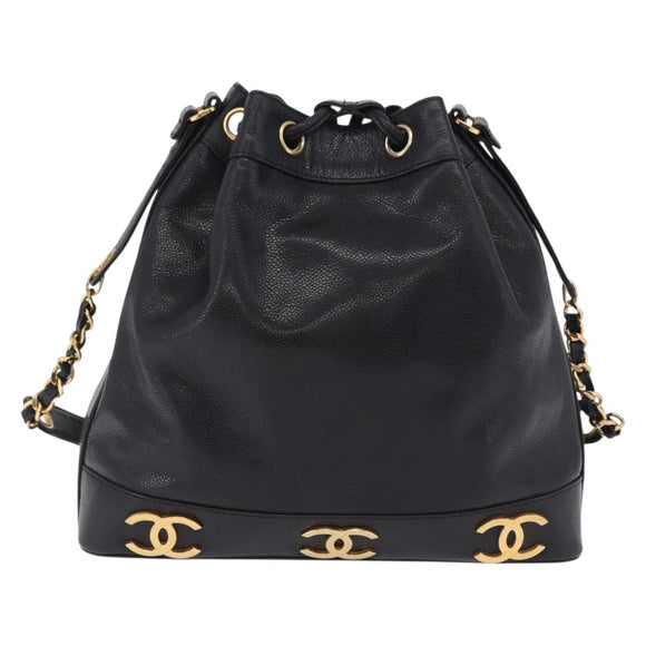 CHANEL Triple Coco Chain Shoulder Bag Caviar Skin Black Gold CC Auth yk20817SAV