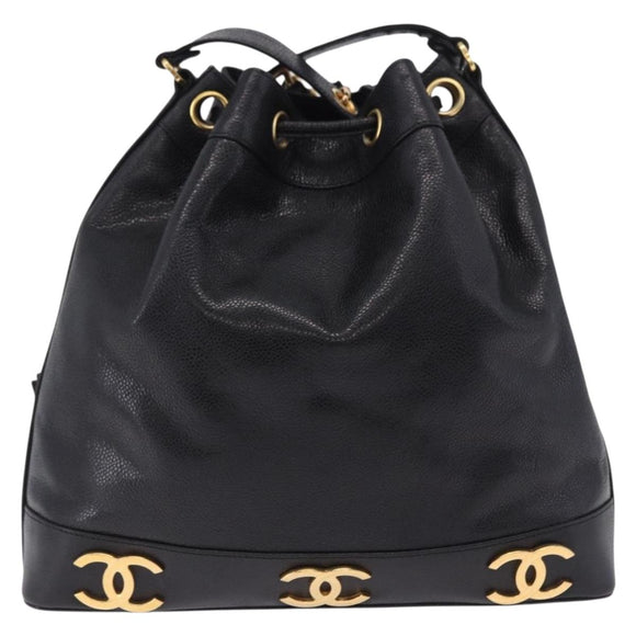 CHANEL Triple Coco Chain Shoulder Bag Caviar Skin Black Gold CC Auth yk20817SAV