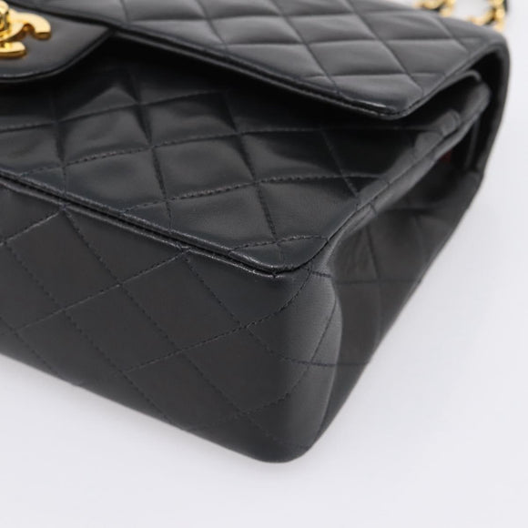 CHANEL Double Flap Chain Matelasse 25 Bag Lamb Skin Black Gold CC Auth yk20822SM