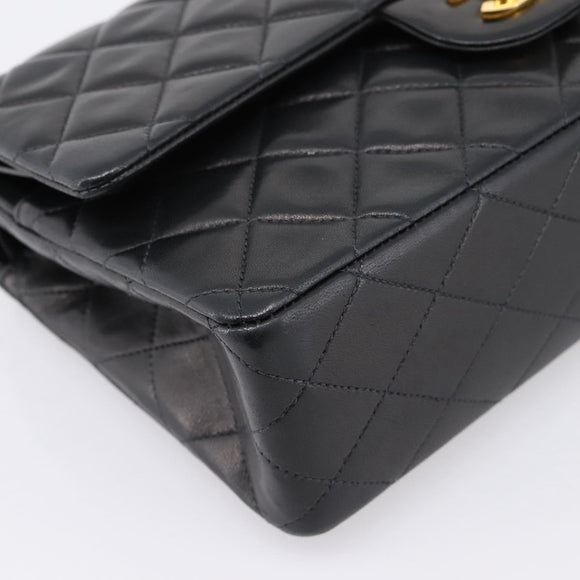 CHANEL Double Flap Chain Matelasse 25 Bag Lamb Skin Black Gold CC Auth yk20822SM