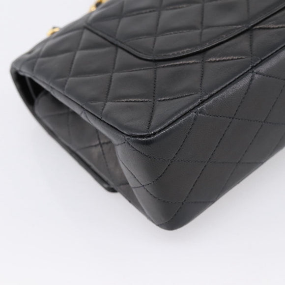 CHANEL Double Flap Chain Matelasse 25 Bag Lamb Skin Black Gold CC Auth yk20822SM
