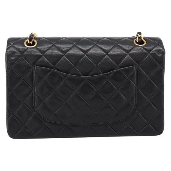 CHANEL Double Flap Chain Matelasse 25 Bag Lamb Skin Black Gold CC Auth yk20822SM