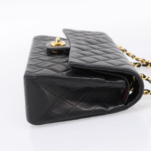 CHANEL Double Flap Chain Matelasse 25 Bag Lamb Skin Black Gold CC Auth yk20822SM