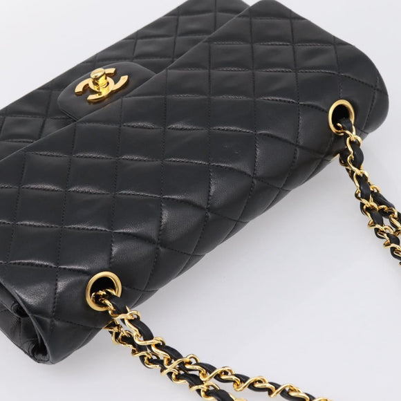 CHANEL Double Flap Chain Matelasse 25 Bag Lamb Skin Black Gold CC Auth yk20822SM