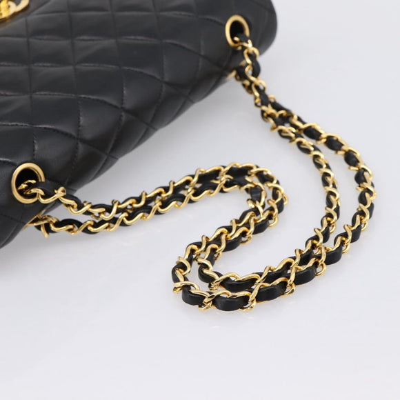 CHANEL Double Flap Chain Matelasse 25 Bag Lamb Skin Black Gold CC Auth yk20822SM