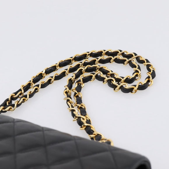 CHANEL Double Flap Chain Matelasse 25 Bag Lamb Skin Black Gold CC Auth yk20822SM