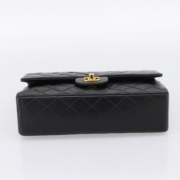 CHANEL Double Flap Chain Matelasse 25 Bag Lamb Skin Black Gold CC Auth yk20822SM