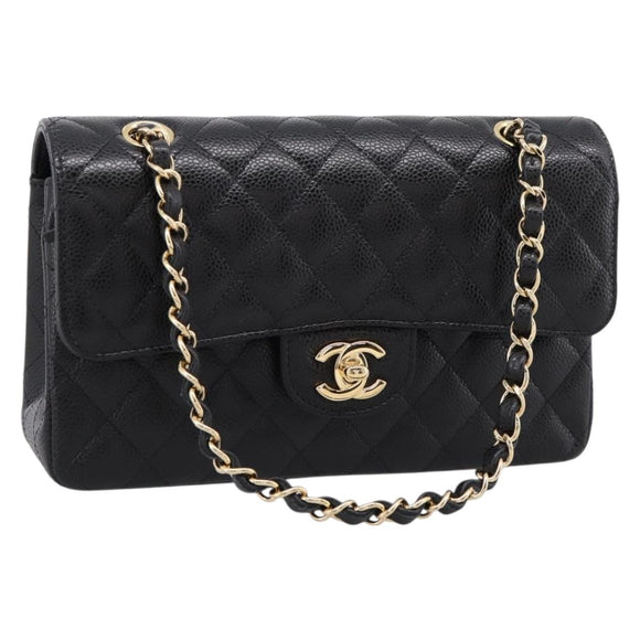 CHANEL Matelasse 23 Double Flap Chain Bag Caviar Skin Black Gold Auth yk20831SM