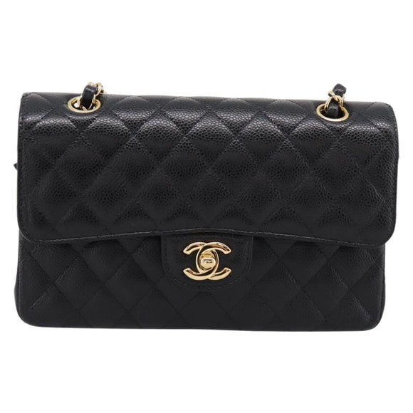 CHANEL Matelasse 23 Double Flap Chain Bag Caviar Skin Black Gold Auth yk20831SM
