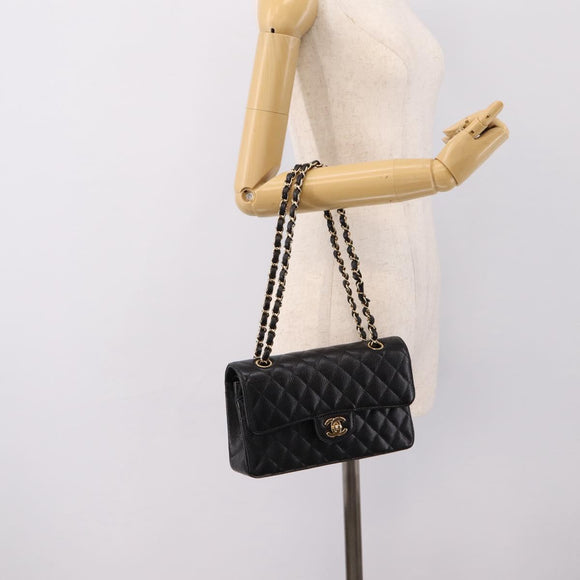 CHANEL Matelasse 23 Double Flap Chain Bag Caviar Skin Black Gold Auth yk20831SM