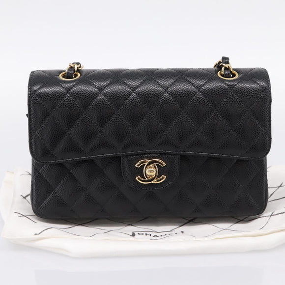 CHANEL Matelasse 23 Double Flap Chain Bag Caviar Skin Black Gold Auth yk20831SM