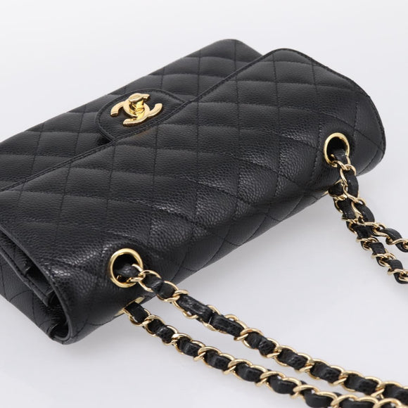 CHANEL Matelasse 23 Double Flap Chain Bag Caviar Skin Black Gold Auth yk20831SM