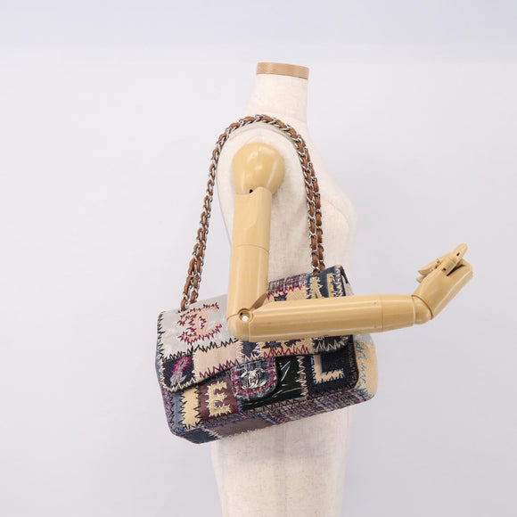 CHANEL Patchwork Jumbo Flap 30 Chain Shoulder Bag Tweed Silver CC Auth yk20832SM