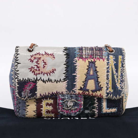 CHANEL Patchwork Jumbo Flap 30 Chain Shoulder Bag Tweed Silver CC Auth yk20832SM