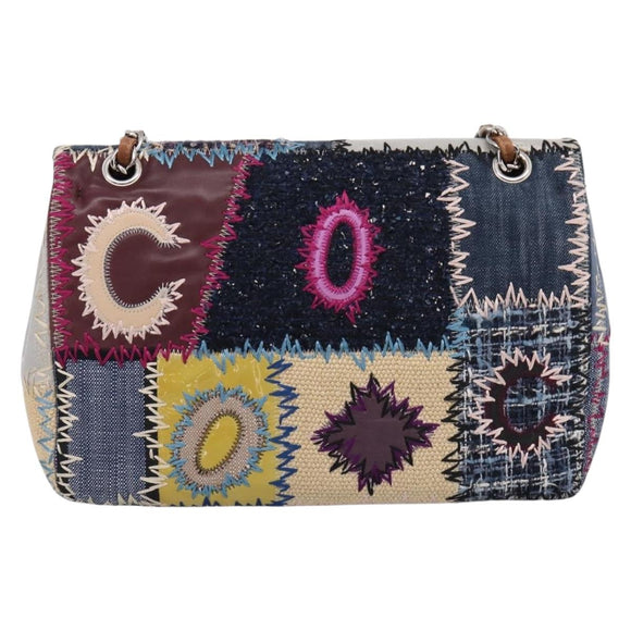 CHANEL Patchwork Jumbo Flap 30 Chain Shoulder Bag Tweed Silver CC Auth yk20832SM
