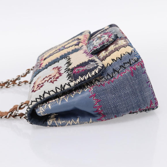 CHANEL Patchwork Jumbo Flap 30 Chain Shoulder Bag Tweed Silver CC Auth yk20832SM
