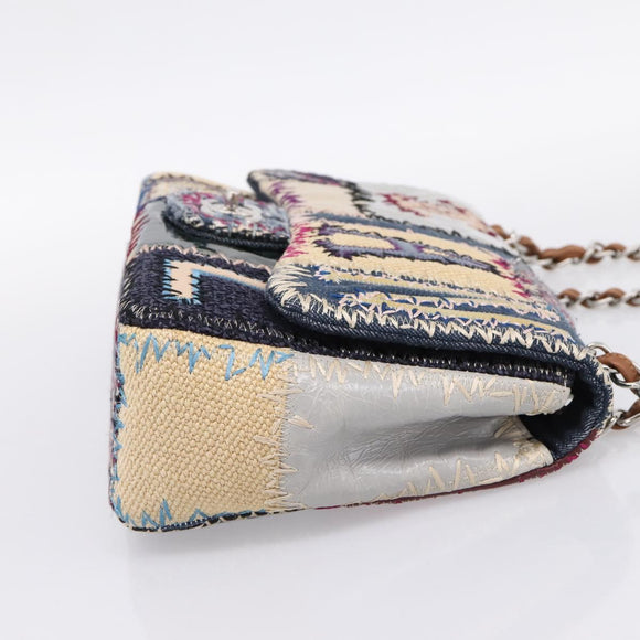 CHANEL Patchwork Jumbo Flap 30 Chain Shoulder Bag Tweed Silver CC Auth yk20832SM