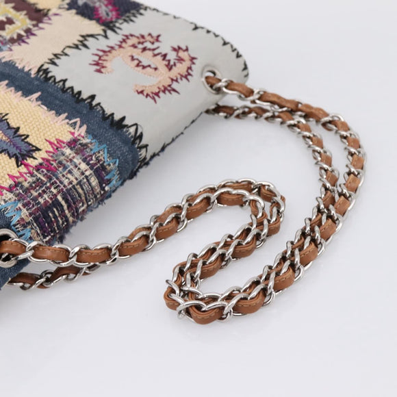 CHANEL Patchwork Jumbo Flap 30 Chain Shoulder Bag Tweed Silver CC Auth yk20832SM