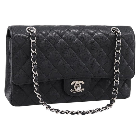 CHANEL Double Flap Chain Matelasse 23 Bag Caviar Skin Black Auth yk20833SM