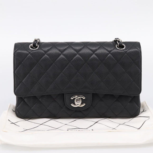 CHANEL Double Flap Chain Matelasse 23 Bag Caviar Skin Black Auth yk20833SM