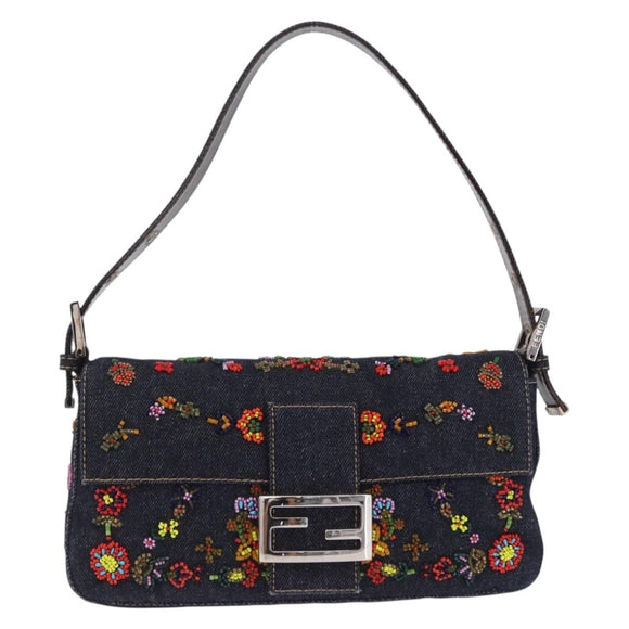 FENDI Mamma Baguette Shoulder Bag Denim Beads Multicolor Silver Auth yk20851SM
