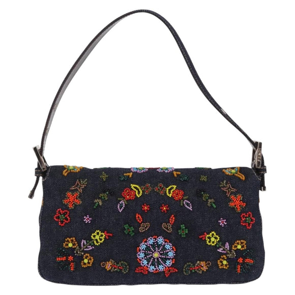 FENDI Mamma Baguette Shoulder Bag Denim Beads Multicolor Silver Auth yk20851SM