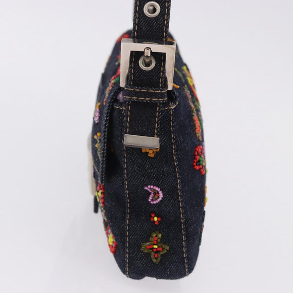 FENDI Mamma Baguette Shoulder Bag Denim Beads Multicolor Silver Auth yk20851SM