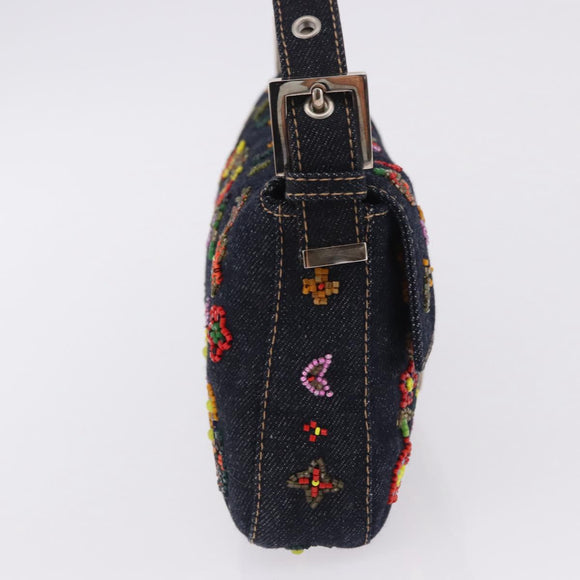 FENDI Mamma Baguette Shoulder Bag Denim Beads Multicolor Silver Auth yk20851SM