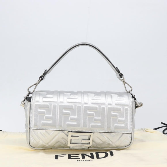 FENDI Zucca Mamma Baguette Shoulder Bag Leather Silver 8BR600 Auth yk20852SAM