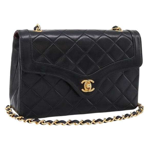 CHANEL Matelasse Turn Lock Chain Bag Lamb Skin Black Gold CC Auth yk20854SAM