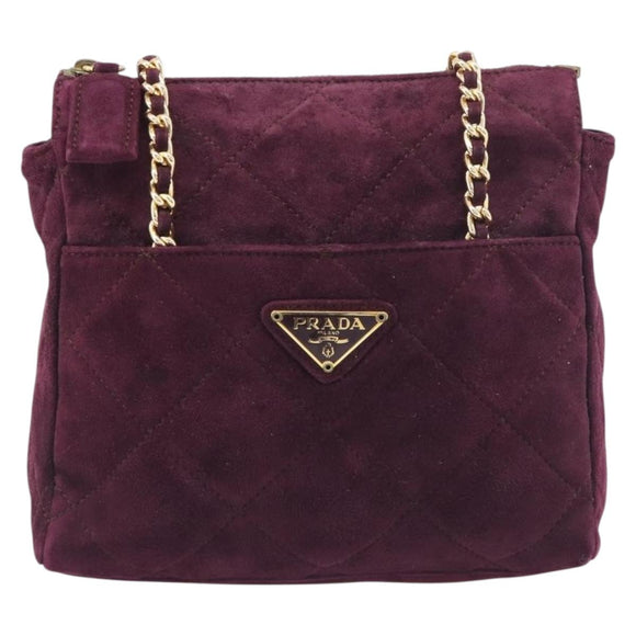 PRADA Quilted Chain Shoulder Bag Suede Bordeaux Gold Auth yk20855A