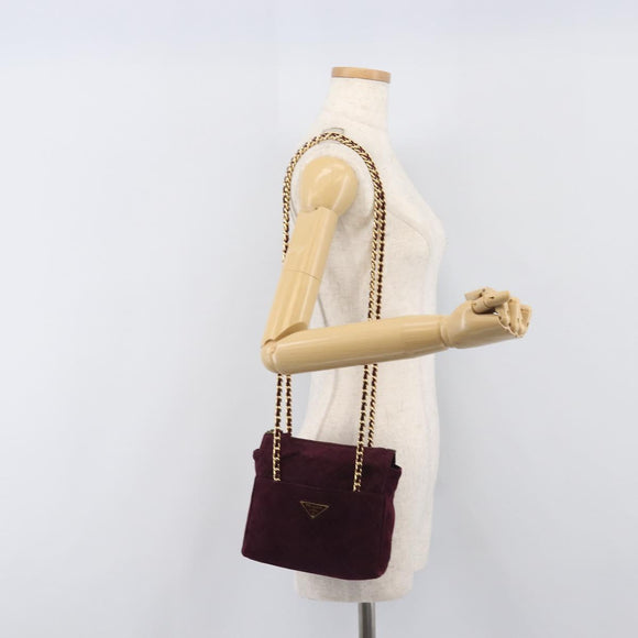 PRADA Quilted Chain Shoulder Bag Suede Bordeaux Gold Auth yk20855A
