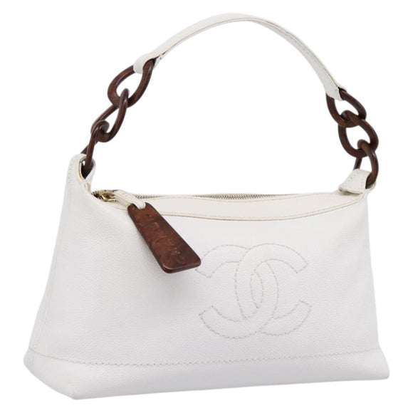 CHANEL COCO Mark Chain Shoulder Bag Caviar Skin White Gold CC Auth yk20859V
