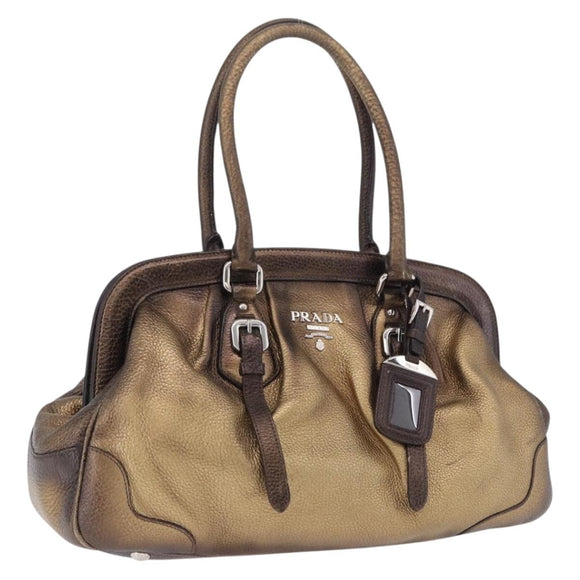 PRADA Hand Bag Leather Gold Tone Auth yk20860V