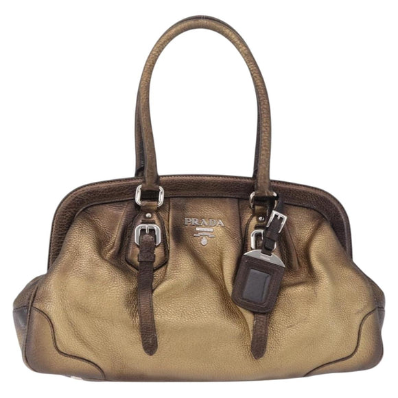 PRADA Hand Bag Leather Gold Tone Auth yk20860V