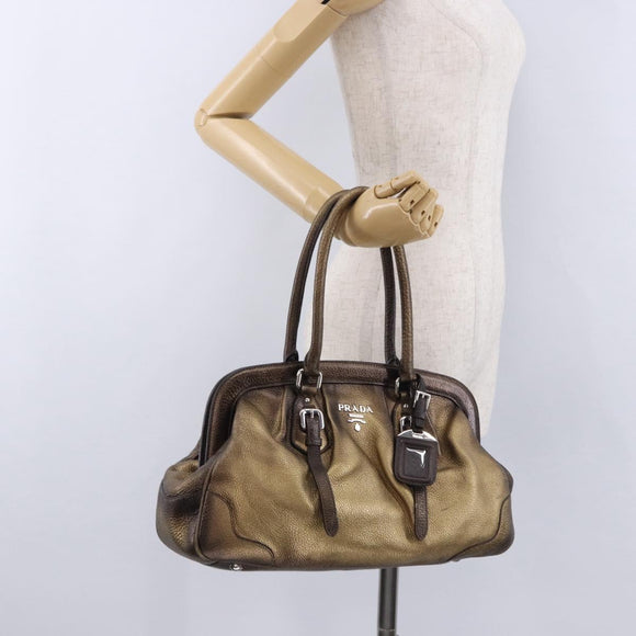 PRADA Hand Bag Leather Gold Tone Auth yk20860V