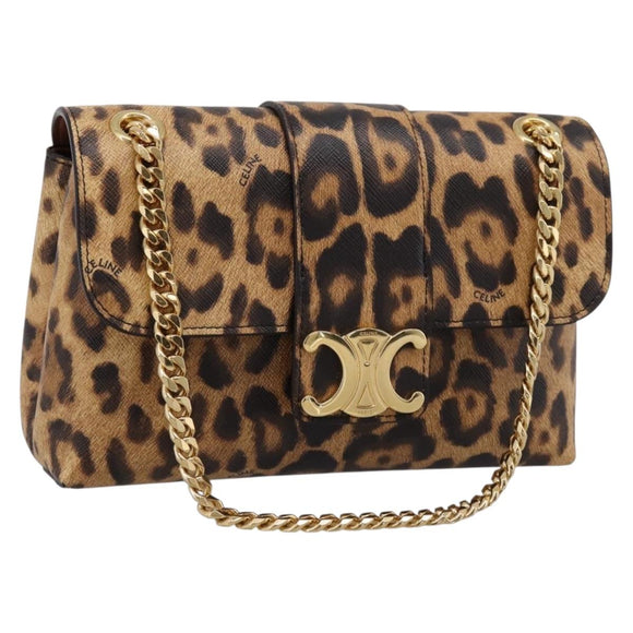 CELINE Triomphe Victoire Chain Shoulder Bag Leather Brown Gold Auth yk20866SAM