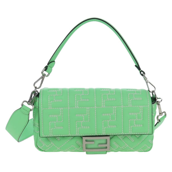 FENDI Zucca Canvas Mamma Baguette Bag Leather 2way Green Silver Auth yk20894SAM