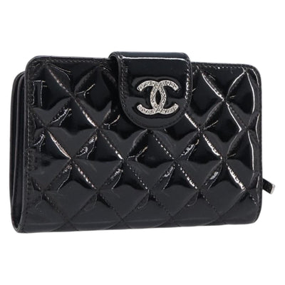 CHANEL Matelasse Wallet Patent Leather Black Silver CC Auth yk20916A