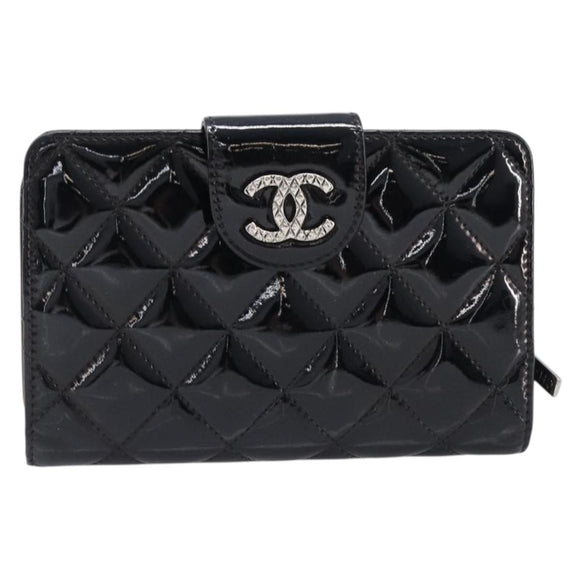 CHANEL Matelasse Wallet Patent Leather Black Silver CC Auth yk20916A