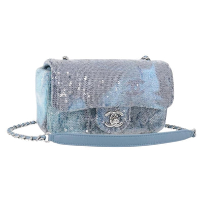 CHANEL Mini Matelasse Chain Shoulder Bag Sequin Blue Silver CC Auth yk20926M