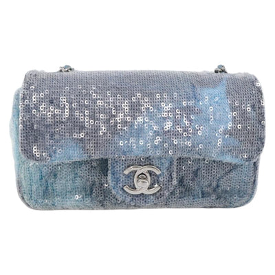 CHANEL Mini Matelasse Chain Shoulder Bag Sequin Blue Silver CC Auth yk20926M - 0